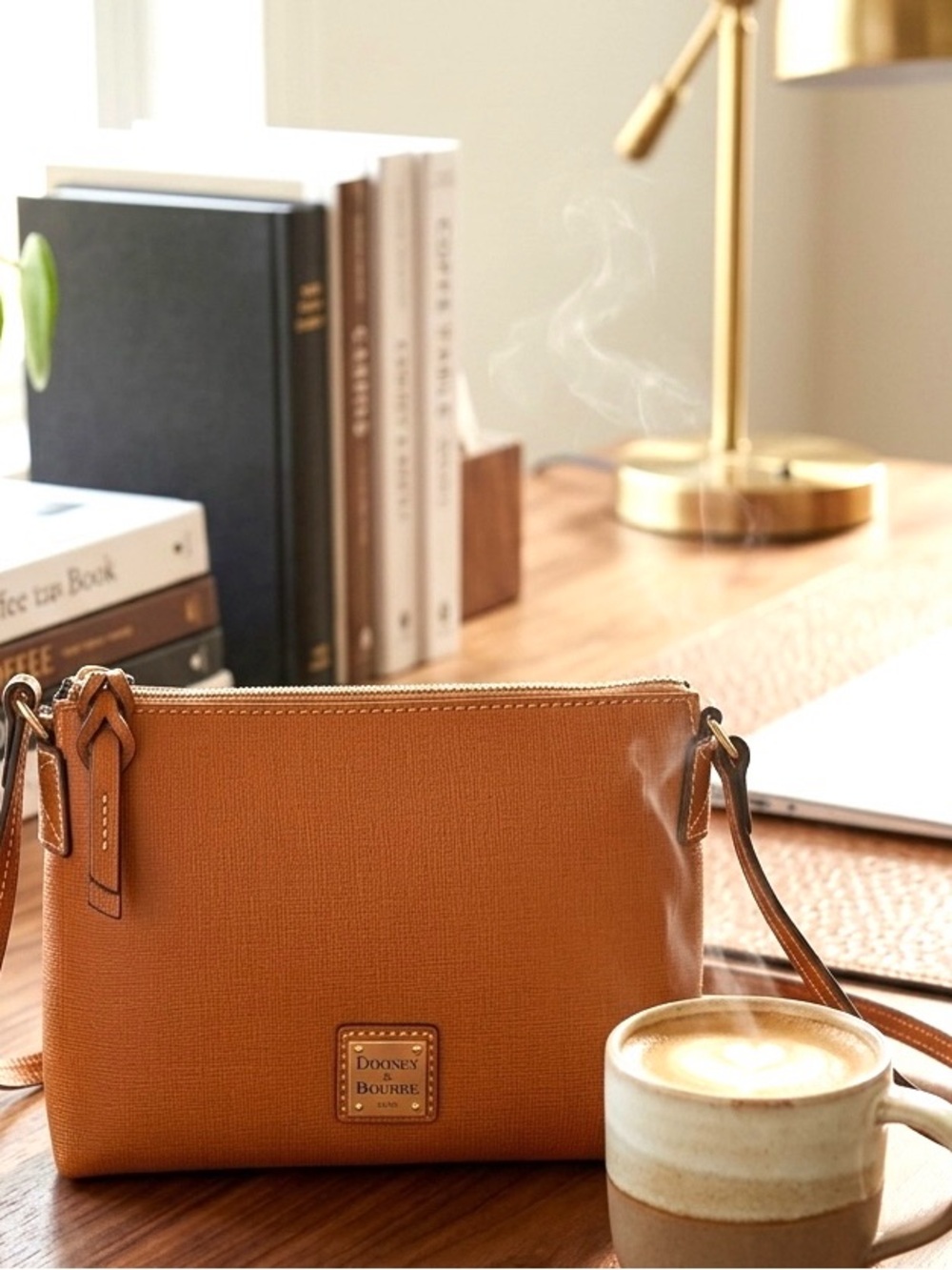 Dooney & Bourke Caramel Brown Saffiano Leather Crossbody Pouchette Bag